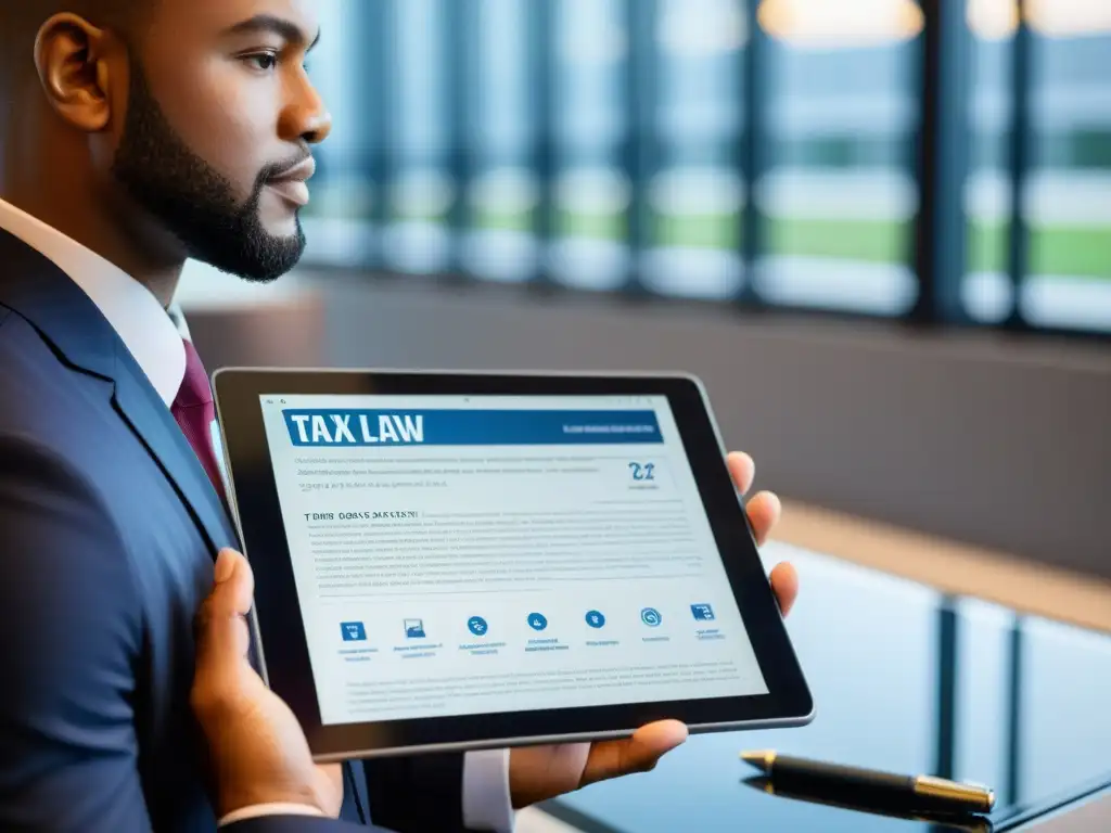 Abogado moderno destaca deducciones fiscales en pantalla táctil Un abogado destaca información en un libro digital de derecho tributario en una tablet en una oficina moderna