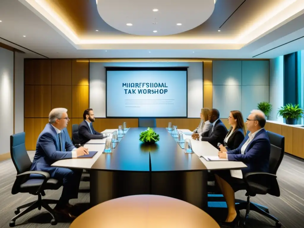 Taller de Impuestos Profesional: Fiscalidad Moderna Actualización fiscal: Presentadores expertos discuten reformas en un taller profesional moderno y bien iluminado