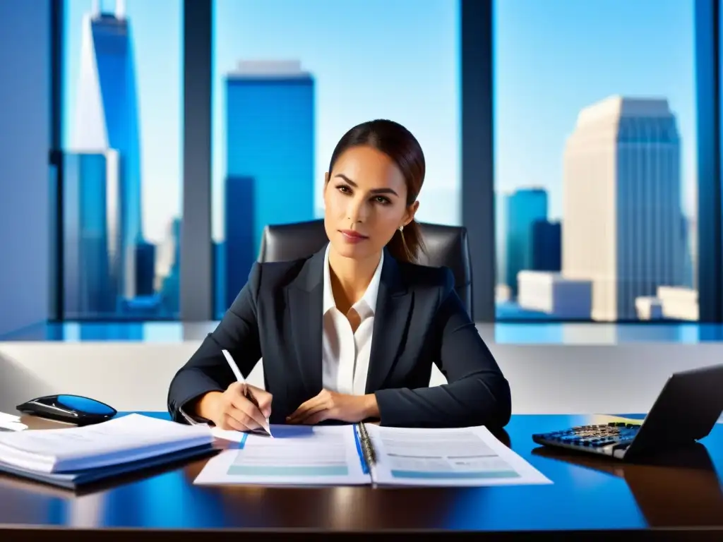 Agente inmobiliario revisando documentos fiscales con precisión Agente inmobiliario revisando documentos de impuestos con profesionalidad en oficina moderna