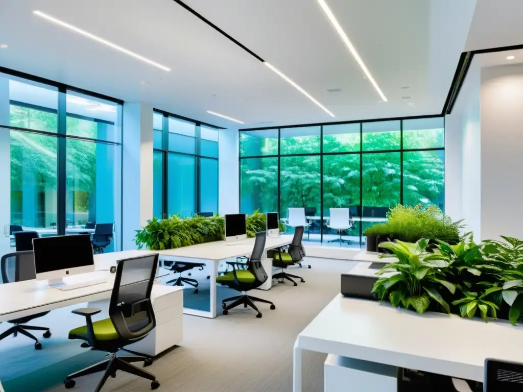Oficina corporativa moderna: espacio dinámico y sofisticado con luz natural y colaboración activa Un ambiente corporativo moderno y dinámico con espacios abiertos, mobiliario minimalista y una atmósfera de colaboración