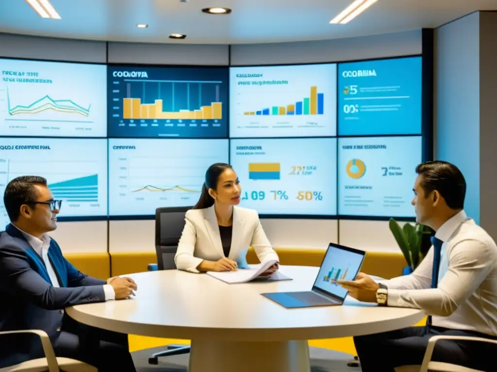 Oficina moderna en Colombia: Estrategias de impuestos corporativos Un ambiente de oficina moderno en Colombia con profesionales discutiendo estrategias de impuestos corporativos