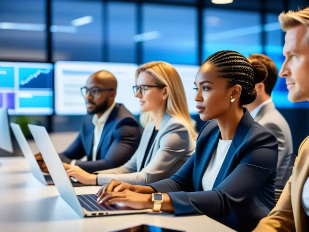 Profesionales de negocios colaborando en oficina tecnológica postBrexit Un ambiente de oficina moderno y tecnológico donde profesionales colaboran y analizan software tributario postBrexit