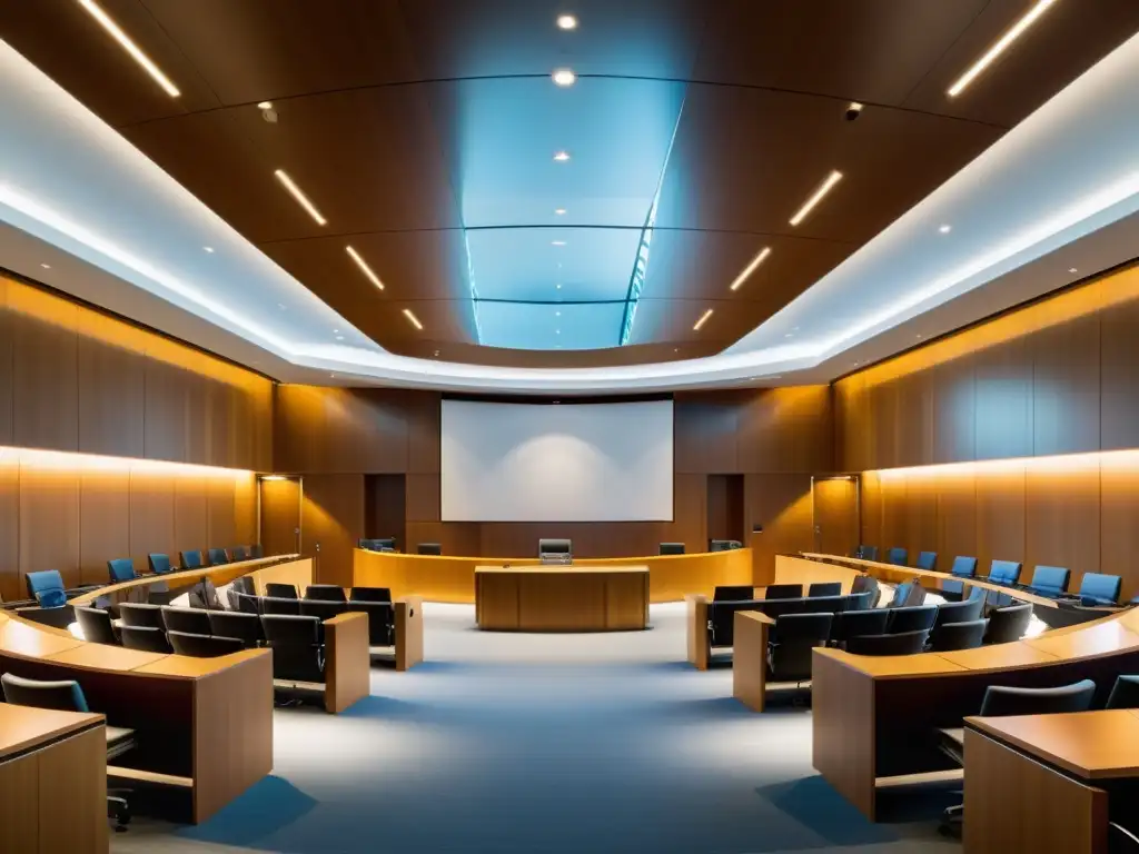 Sala de Tribunales: Tradición y Modernidad Amplia imagen de sala de tribunal moderna, bañada en luz natural