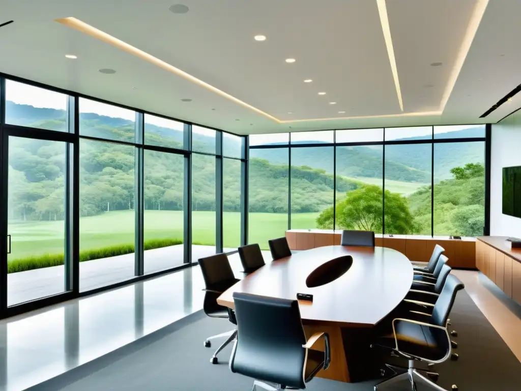 Sala de conferencias moderna con vista panorámica Amplia sala de conferencias moderna con vista a paisaje verde