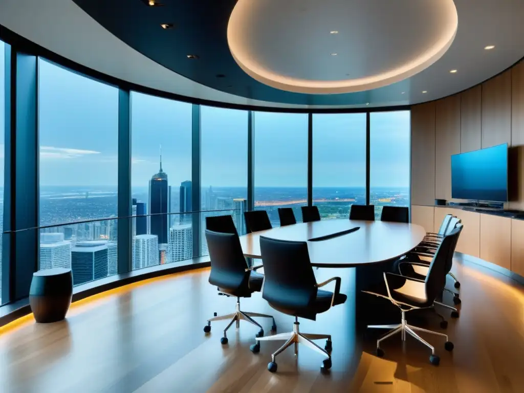 Sala de juntas moderna con vista panorámica de la ciudad Amplia sala de juntas con diseño moderno y tecnología de vanguardia, ideal para empresarios interesados en fiscalidad internacional en España