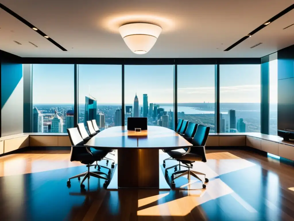 Sala de juntas moderna con vista panorámica Amplia sala de juntas moderna con vista a la ciudad
