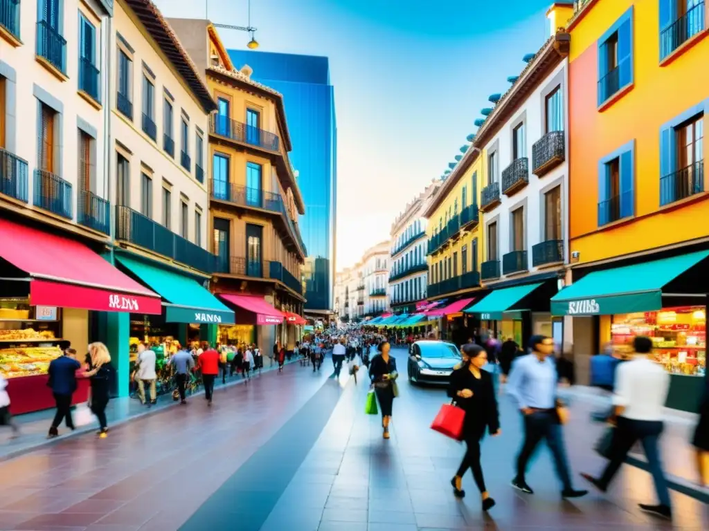 Vibrante escena urbana en España: comercio moderno y dinámico Animada calle comercial en España, reflejo de la modernidad y retos tributarios del comercio electrónico en la normativa española