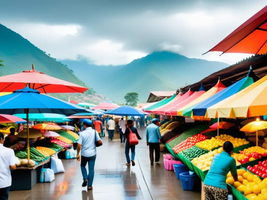 Mercado bullicioso en Colombia: impacto colorido del IVA Un animado mercado en Colombia, con vendedores y clientes, exhibe la influencia del IVA en la economía