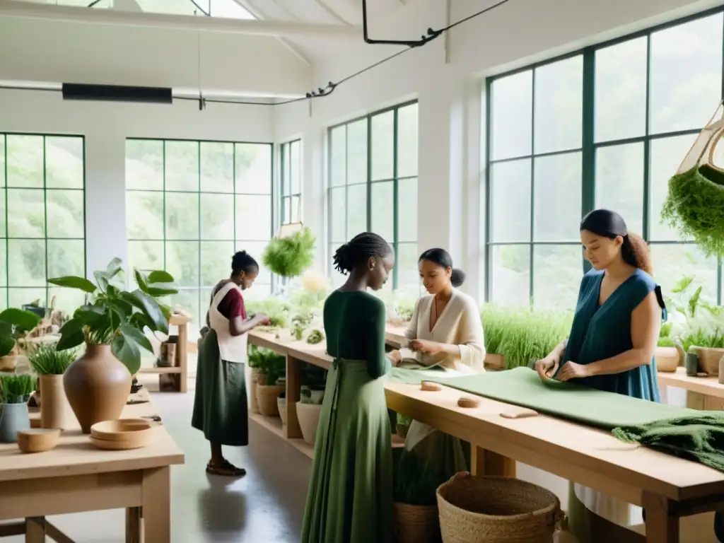 Atelier de moda sostenible: artesanos creando prendas ecológicas Artesanos creando moda sostenible ética en un taller luminoso con vegetación, textiles vibrantes y herramientas ecoconscientes