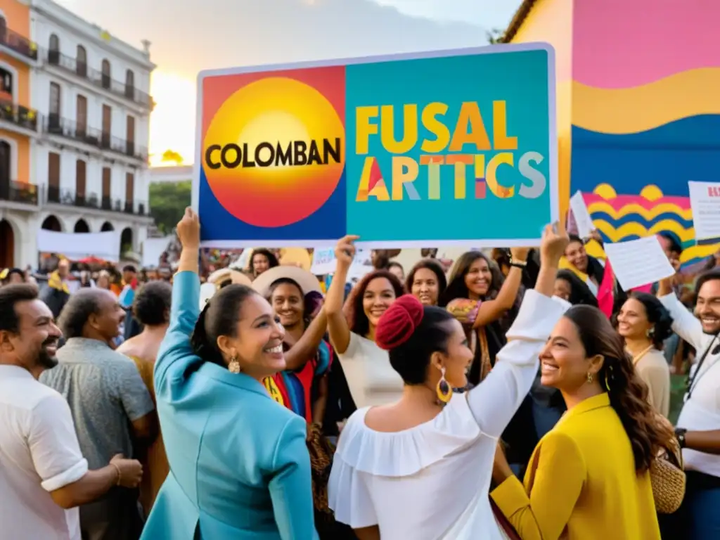 Arte, Música y Fiscal Incentives: Celebración Cultural en Colombia Artistas y músicos colombianos se reúnen en una plaza vibrante, rodeados de murales coloridos y arte callejero