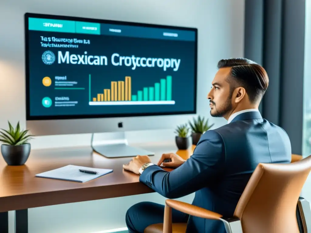 Asesor financiero experto explica regulaciones de criptomonedas en México Un asesor financiero moderno explica la regulación fiscal de criptomonedas en México a clientes atentos en una oficina elegante y bien iluminada