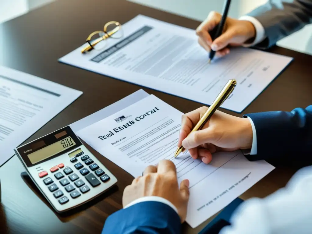 Consultor financiero asesorando en contrato de venta de inmuebles Un asesor financiero guía a una persona que firma un contrato inmobiliario, con documentos y calculadoras en la mesa