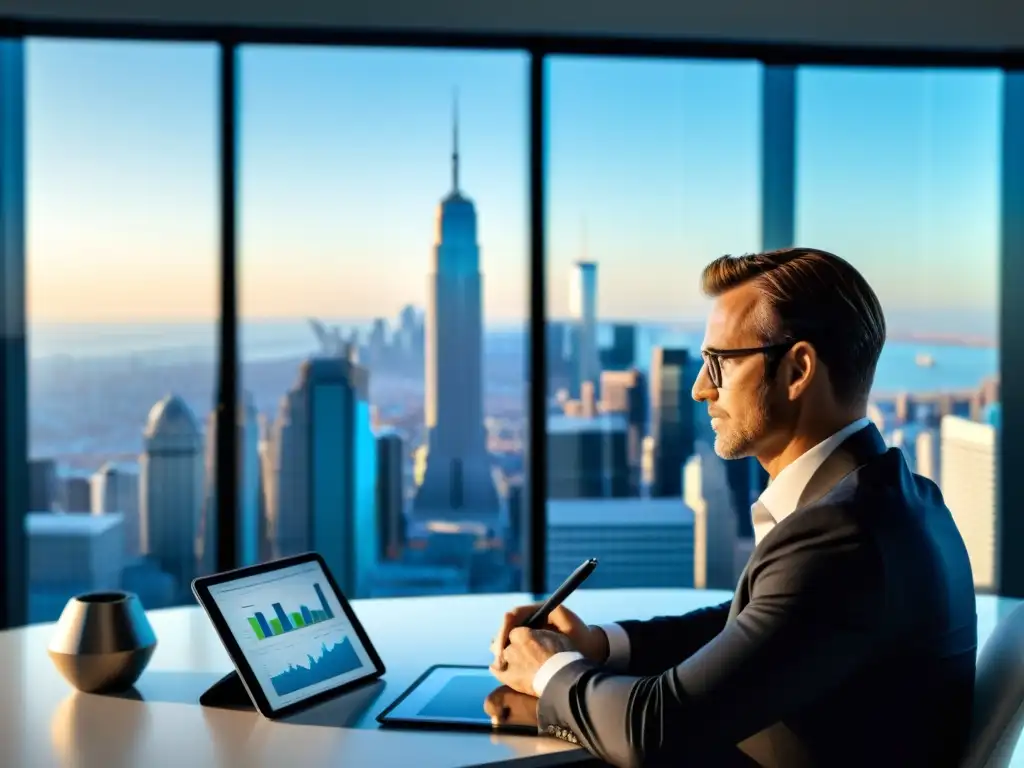 Consejero financiero experto en panorama urbano Un asesor financiero profesional en una oficina moderna con vista a la ciudad, discutiendo planificación estratégica con un cliente