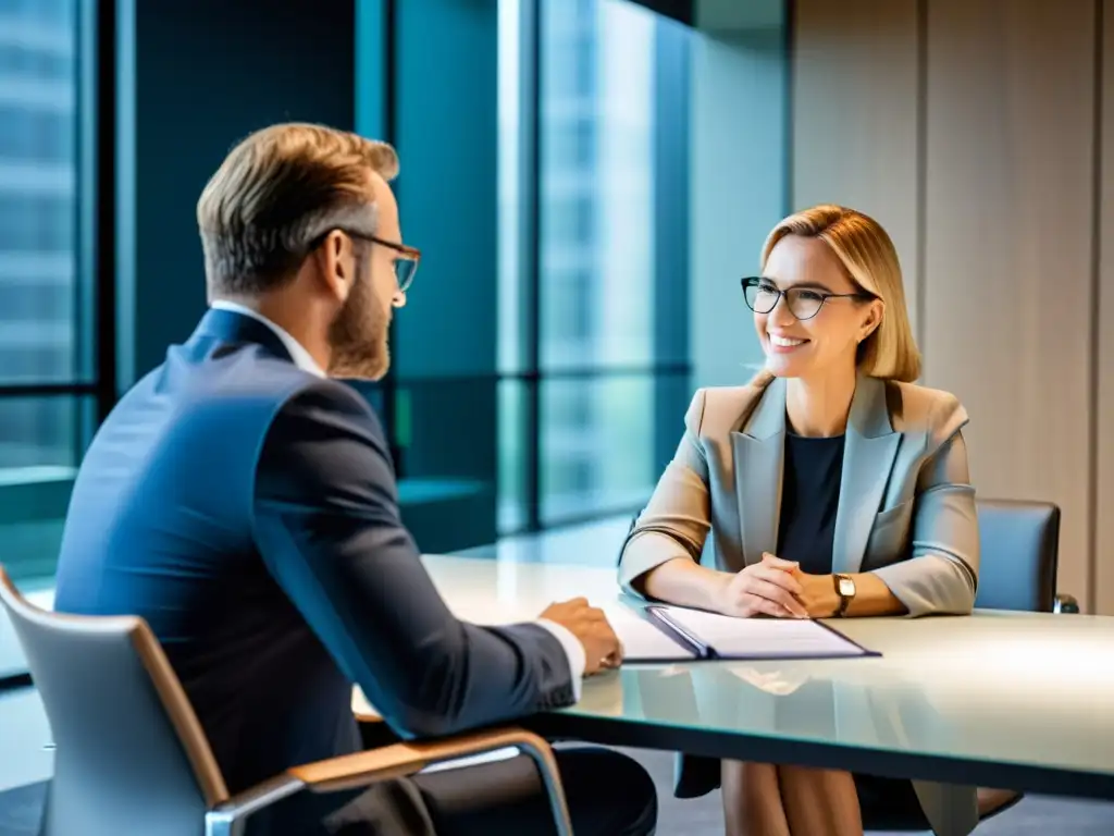 Asesor financiero confiable en reunión de lujo Un asesor financiero profesional en una oficina moderna y elegante, manteniendo una conversación con un cliente