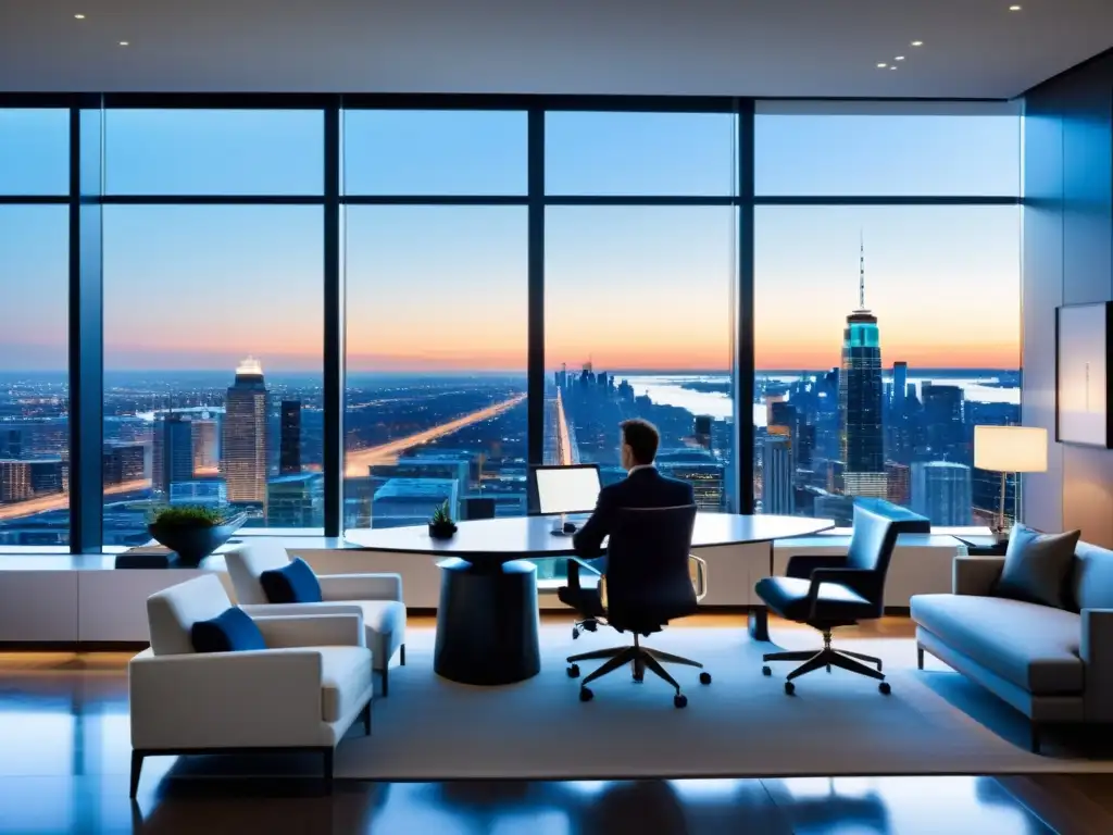 Oficina exclusiva con vista panorámica y asesor financiero Un asesor fiscal de grandes patrimonios en una oficina elegante, con vista a la ciudad, transmitiendo profesionalismo y exclusividad