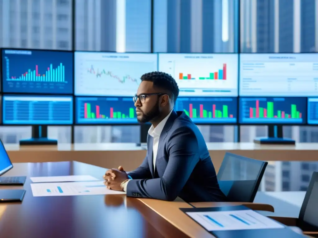 Asesor fiscal moderno analizando datos financieros con determinación Un asesor fiscal moderno analiza datos financieros con determinación, rodeado de tecnología