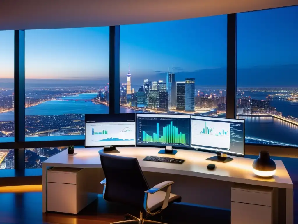 Oficina moderna con vista nocturna de la ciudad y tecnología financiera Un asesor fiscal moderno en una oficina elegante con vista a la ciudad de noche, inmerso en transacciones financieras en línea
