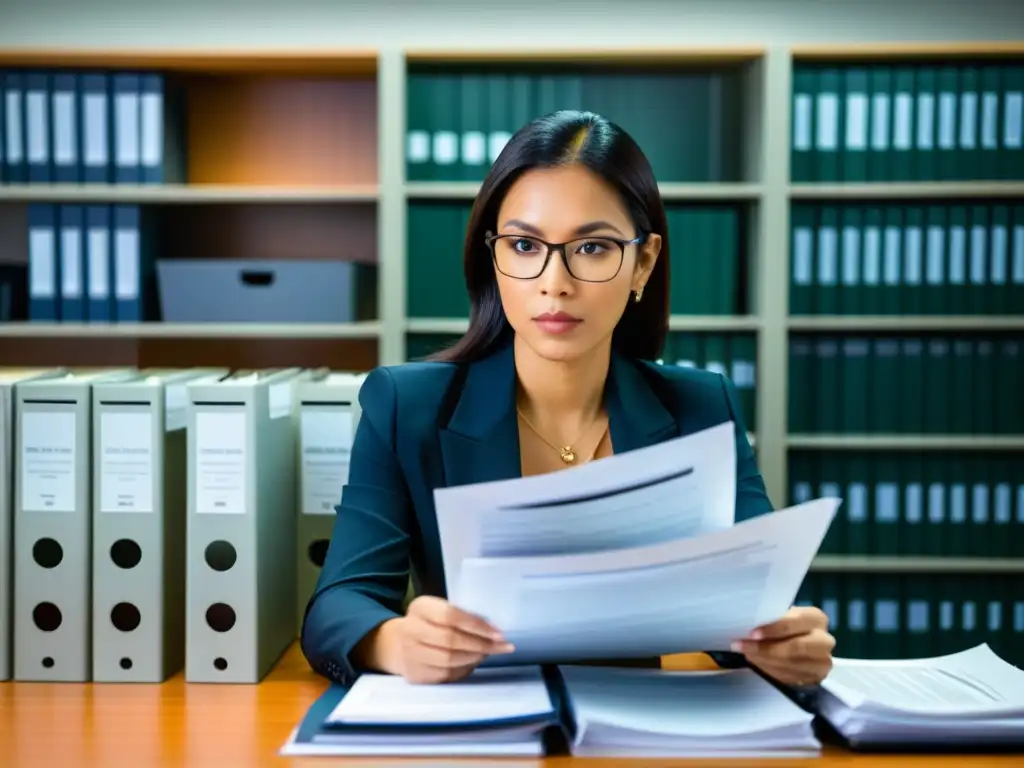 Experto en impuestos revisando documentos de auditoría con determinación Un asesor fiscal profesional revisa minuciosamente documentos de auditoría del IRS en una oficina moderna y bien iluminada
