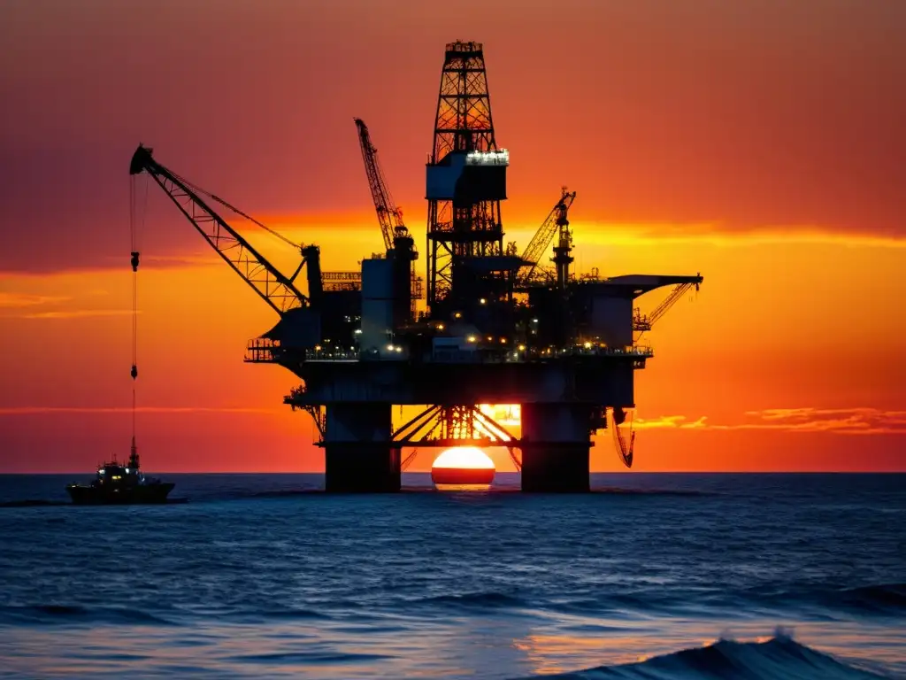 Puesta de sol en plataforma petrolera en alta mar Un atardecer cautivador en una plataforma petrolífera en alta mar, resaltando la complejidad de la industria petrolera y el derecho fiscal
