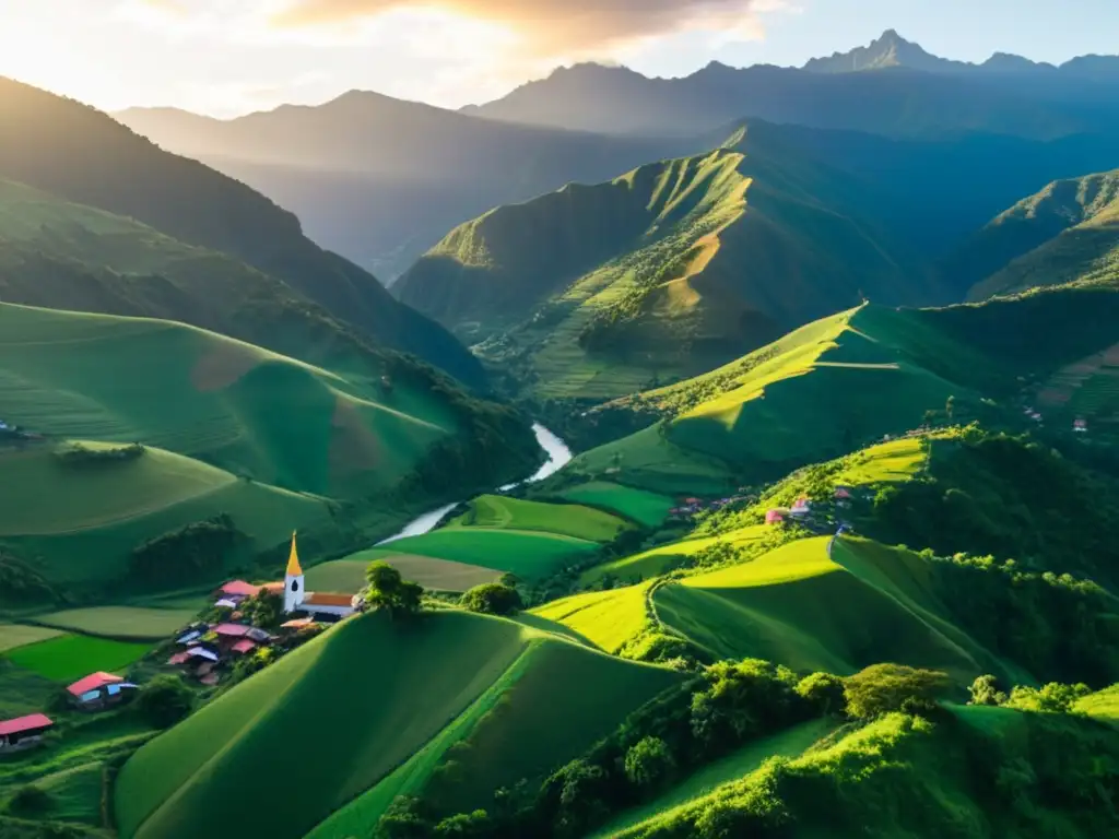 Atardecer dorado en los Andes colombianos: paisaje exuberante y sostenible 'Atardecer dorado sobre paisaje verde en los Andes colombianos, destacando la belleza natural y el potencial de Políticas Fiscales Verdes en Colombia'