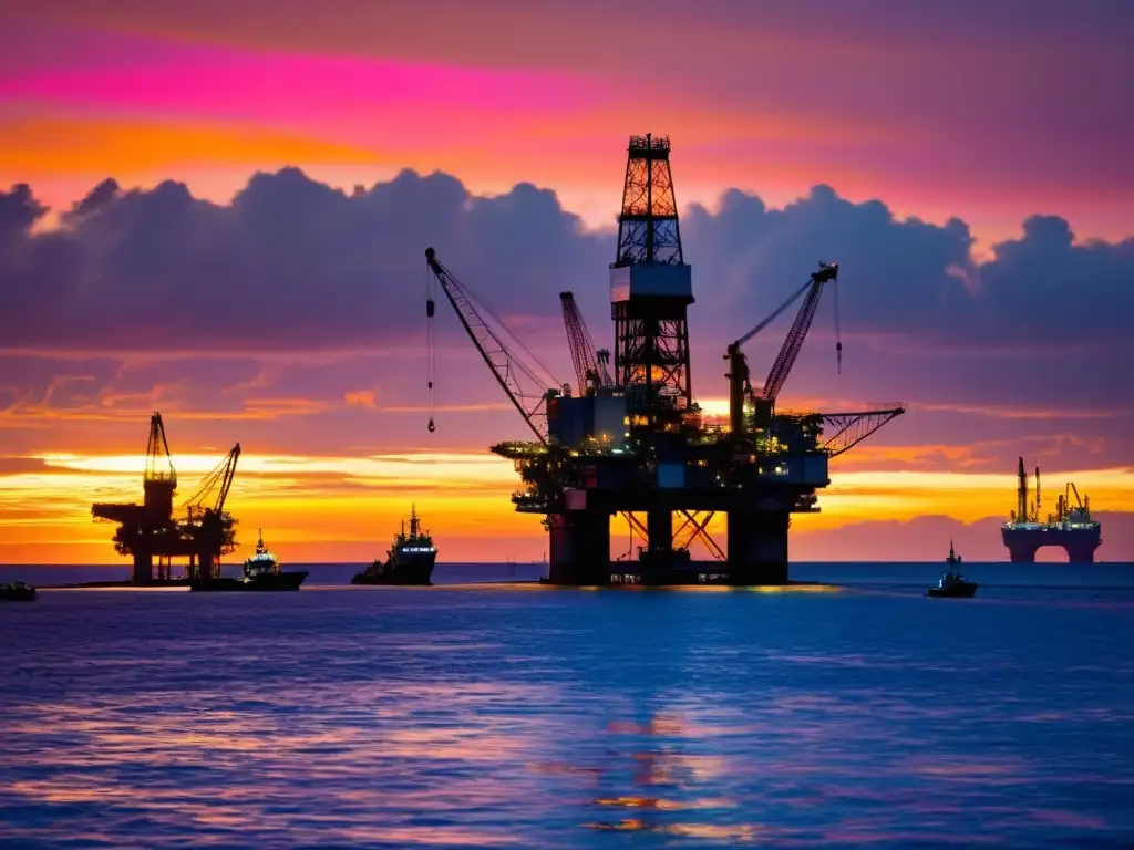 Puesta de sol en plataforma petrolera Un atardecer vibrante reflejado en aguas tranquilas, iluminando una plataforma petrolera rodeada de barcos y maquinaria