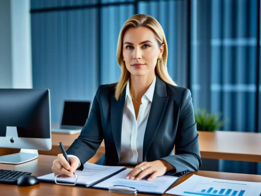 Experto auditor fiscal analizando datos con confianza Un auditor profesional analiza documentos financieros en una oficina contemporánea con herramientas avanzadas para la gestión tributaria