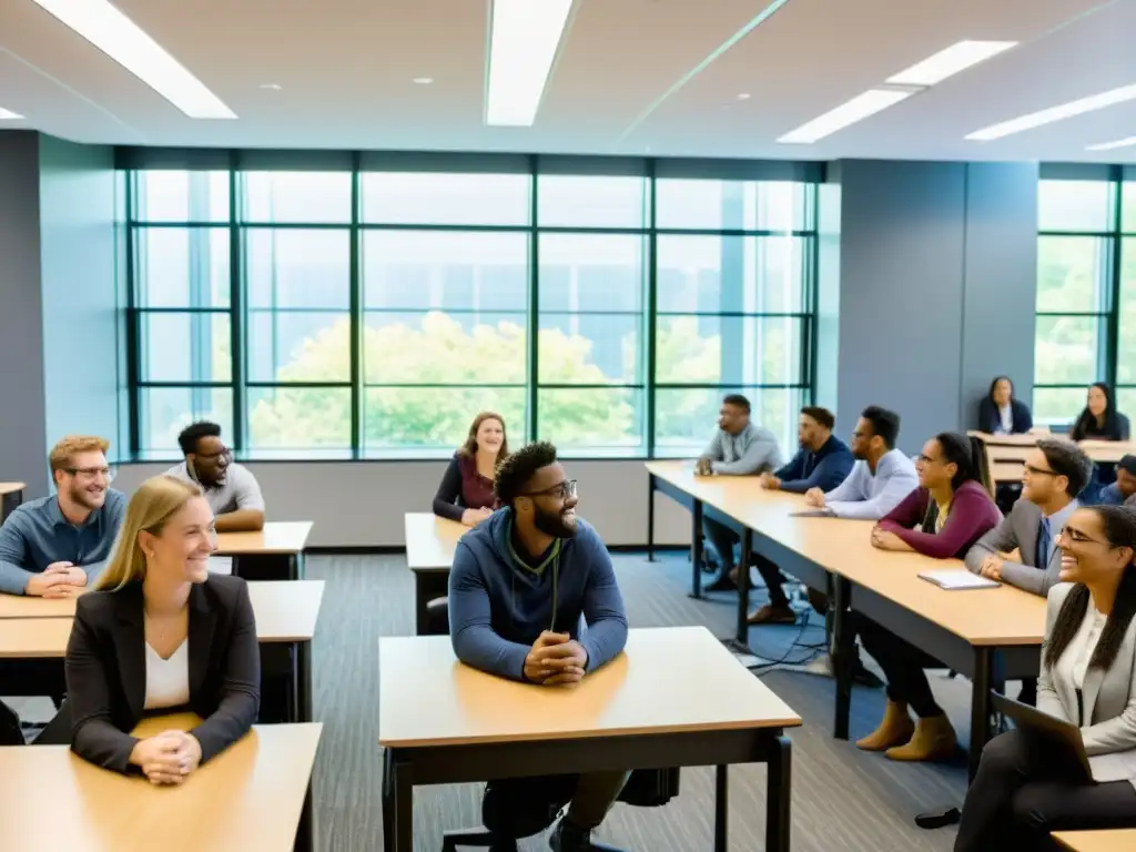 Salón de clases moderno: Instructor líder con estudiantes participativos Un aula moderna llena de estudiantes participando en un animado debate, con un instructor seguro al frente
