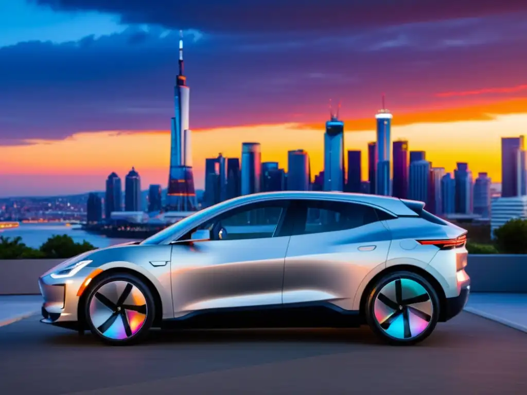 Coche eléctrico moderno frente a la ciudad del futuro al atardecer Un auto eléctrico moderno frente a una ciudad futurista al atardecer, reflejando el paisaje urbano en su pintura plateada