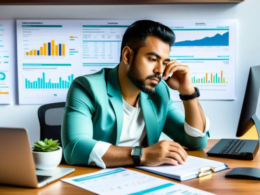 Freelancer colombiano inmerso en responsabilidades fiscales Un autónomo colombiano trabajando en su escritorio con laptop, calculadora y formularios fiscales