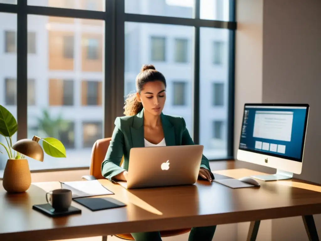 Freelancer español: productividad y profesionalismo en la oficina moderna Un autónomo digital se enfoca en sus obligaciones fiscales para autónomos, rodeado de tecnología en su moderna oficina con luz natural
