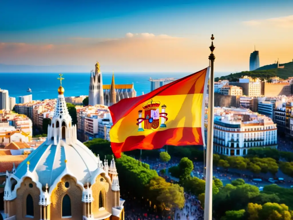 Impacto de las reformas fiscales en España: bandera y energía urbana La bandera de España ondea sobre la bulliciosa ciudad, con la Sagrada Familia y el Palacio Real en el fondo