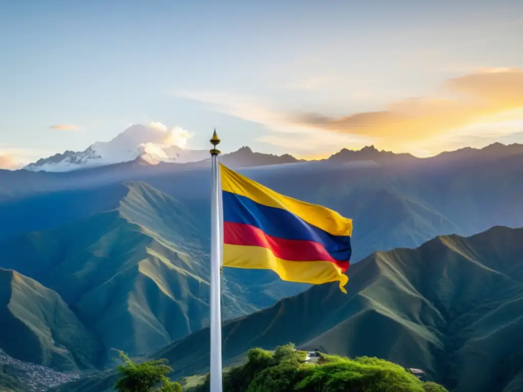 Bandera de Colombia ondeando sobre los Andes al atardecer La bandera colombiana ondea orgullosa frente a los imponentes Andes al atardecer, con el rol UVT en tributación colombiana