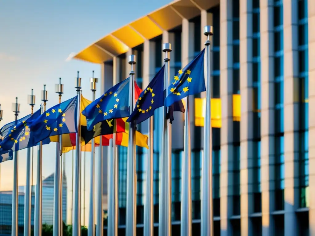 Brillante atardecer en el Parlamento Europeo: banderas de la UE ondeando en 8k Bandera de la Unión Europea ondeando frente al Parlamento Europeo al atardecer