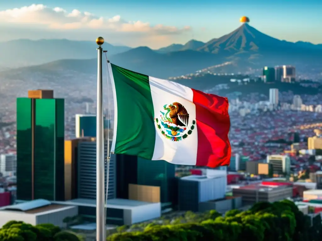 Economía de México: bandera ondeando sobre skyline financiero La bandera mexicana ondea con el bullicioso distrito financiero de México de fondo, representando la regulación fiscal de criptomonedas en el país