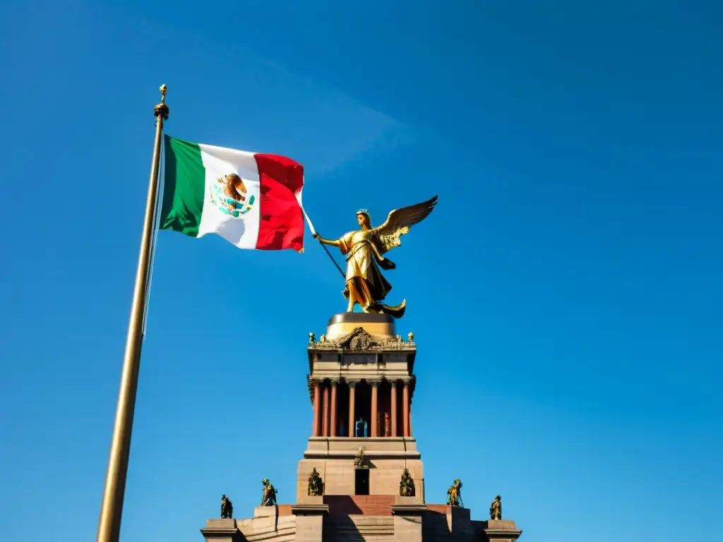 Espléndida bandera mexicana ondeando junto al Ángel de la Independencia La bandera mexicana ondea junto al Ángel de la Independencia en la Ciudad de México, irradiando orgullo nacional y significado histórico
