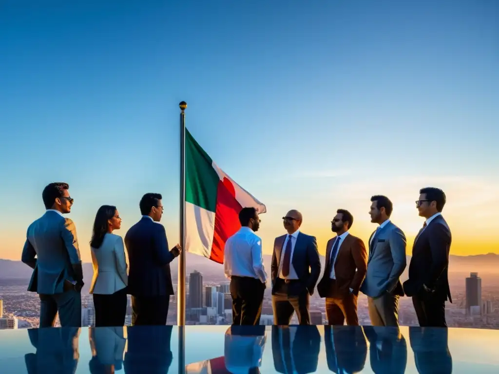 Bandera Mexicana ondeando sobre ciudad futurista La bandera mexicana ondea orgullosa bajo el cielo azul, con una moderna ciudad de fondo