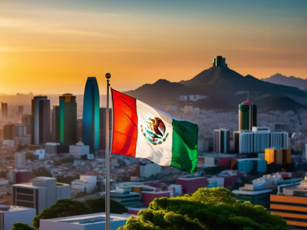 Bandera de México ondeando sobre la ciudad al atardecer La bandera mexicana ondea orgullosa sobre el vibrante paisaje urbano al atardecer, mostrando la fusión de tradición y progreso