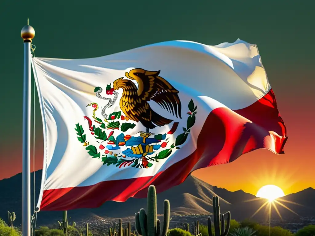 Bandera de México ondeando al atardecer La bandera de México ondea con orgullo al atardecer, reflejando los Fundamentos del derecho fiscal mexicano