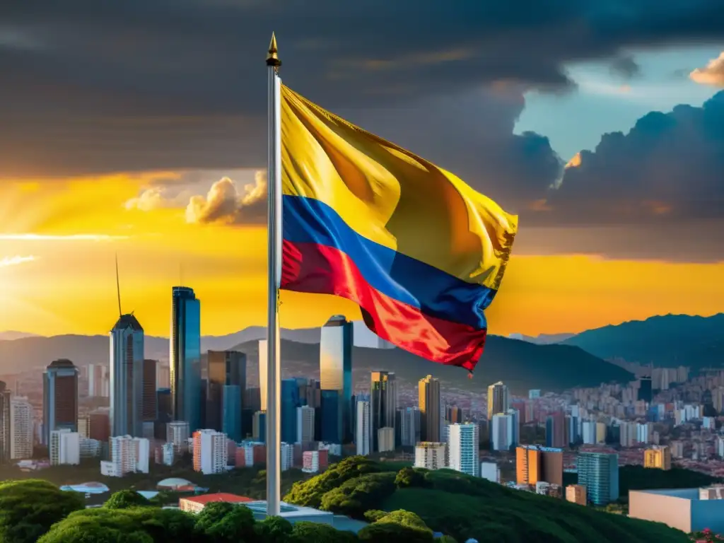 Bandera de Colombia ondeando al atardecer sobre el skyline moderno La bandera de Colombia ondea con el sol poniéndose detrás de la ciudad, simbolizando el dinamismo y progreso del marco legal y regulaciones fiscales