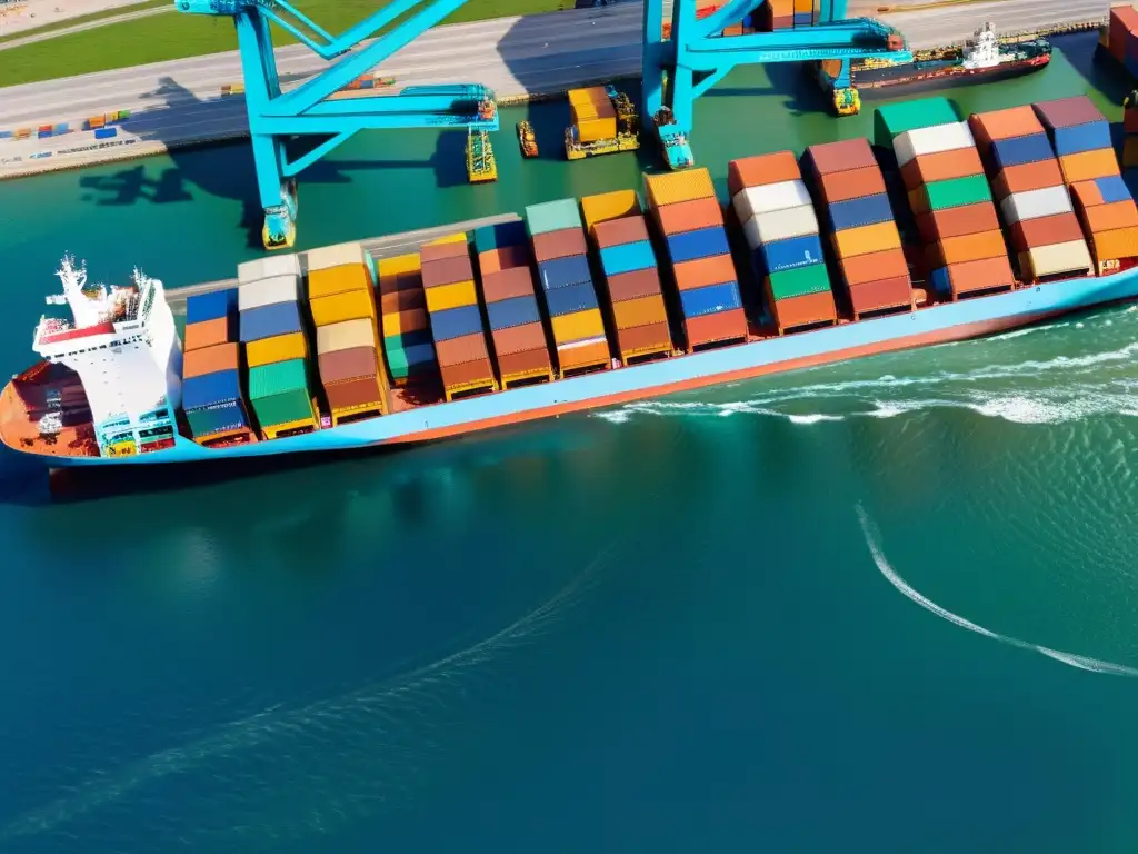 Barco de carga con contenedores coloridos en puerto internacional Un barco carguero colorido navega entre contenedores y grúas en un puerto internacional, representando la importancia de los impuestos indirectos en el comercio internacional para México