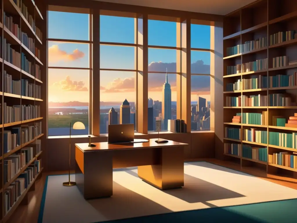 Moderna biblioteca jurídica: atardecer dorado Una biblioteca de derecho fiscal moderna y elegante con libros de ley imprescindibles, bañada en cálida luz dorada con vista a la ciudad al atardecer