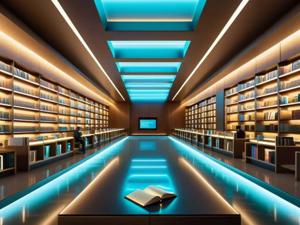 Biblioteca futurista con libros holográficos de leyes fiscales Una biblioteca futurista con ediciones digitales en derecho tributario, hologramas y ambiente envolvente