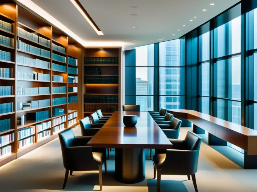Moderna biblioteca legal: diseño elegante y profesional Una biblioteca legal moderna con diseño contemporáneo, bañada en luz natural para estudio y research, ideal para profesionales