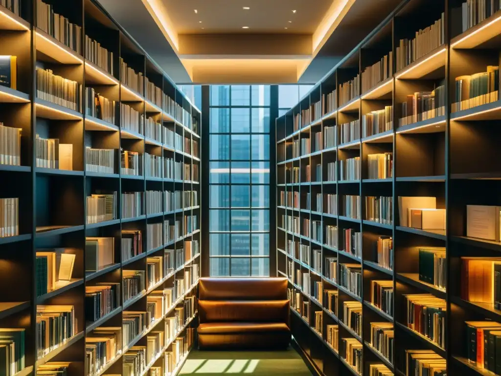 Moderna biblioteca de impuestos y finanzas: espacio acogedor y elegante Una biblioteca moderna y elegante llena de libros especializados en impuestos y finanzas, con luz natural cálida filtrándose por grandes ventanas