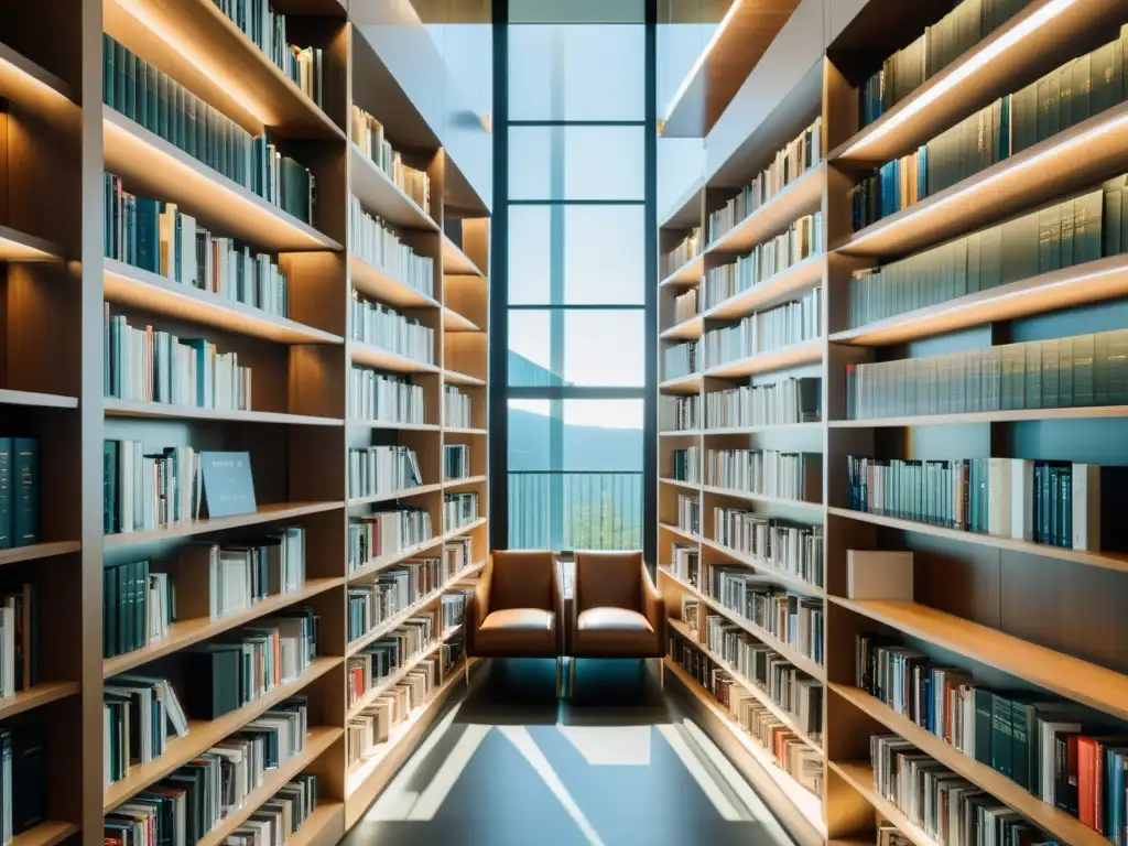 Moderna biblioteca de derecho tributario: libros organizados y luz natural Una biblioteca moderna con estantes minimalistas llenos de libros de derecho tributario, iluminada por luz natural, creando un ambiente académico y sereno, ideal para los mejores libros derecho tributario