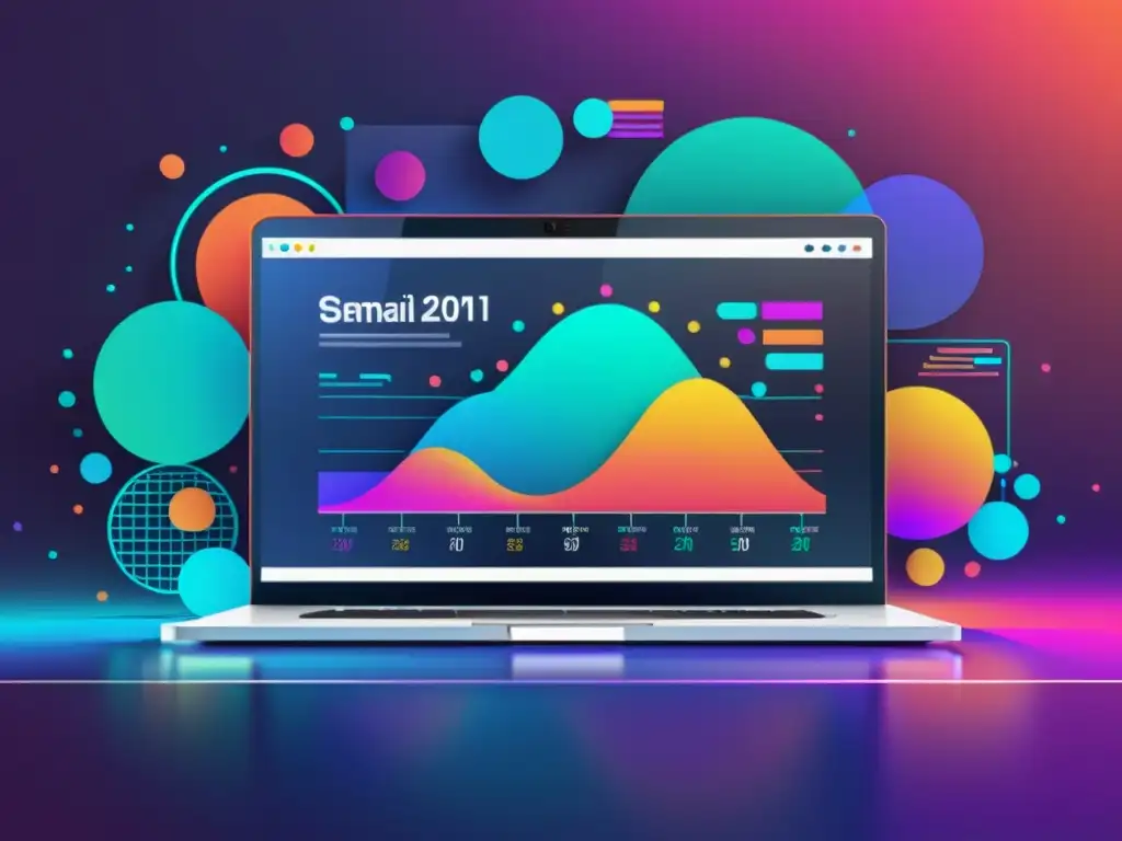 Tecnología digital impactante: laptop y visualizaciones de datos Boletines electrónicos consultoría tributaria: Laptop moderno rodeado de datos abstractos y gráficos coloridos en una imagen vibrante y profesional