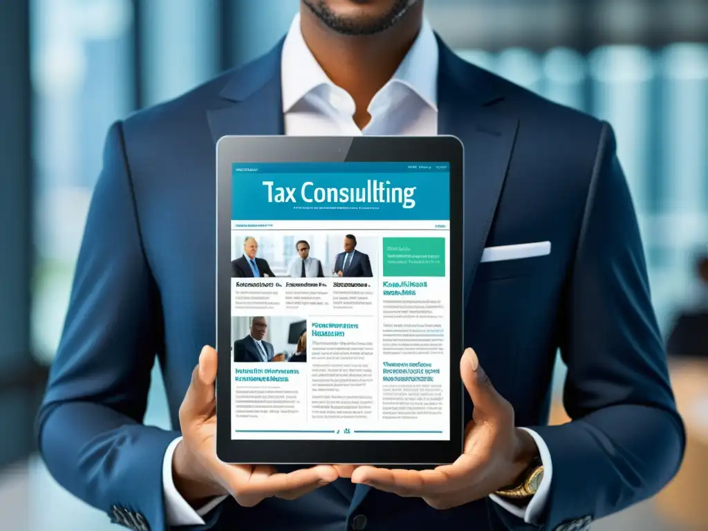 Boletín electrónico profesional para firma de consultoría fiscal Boletines electrónicos consultoría tributaria en tablet moderno con newsletter profesional y ambiente de oficina innovador