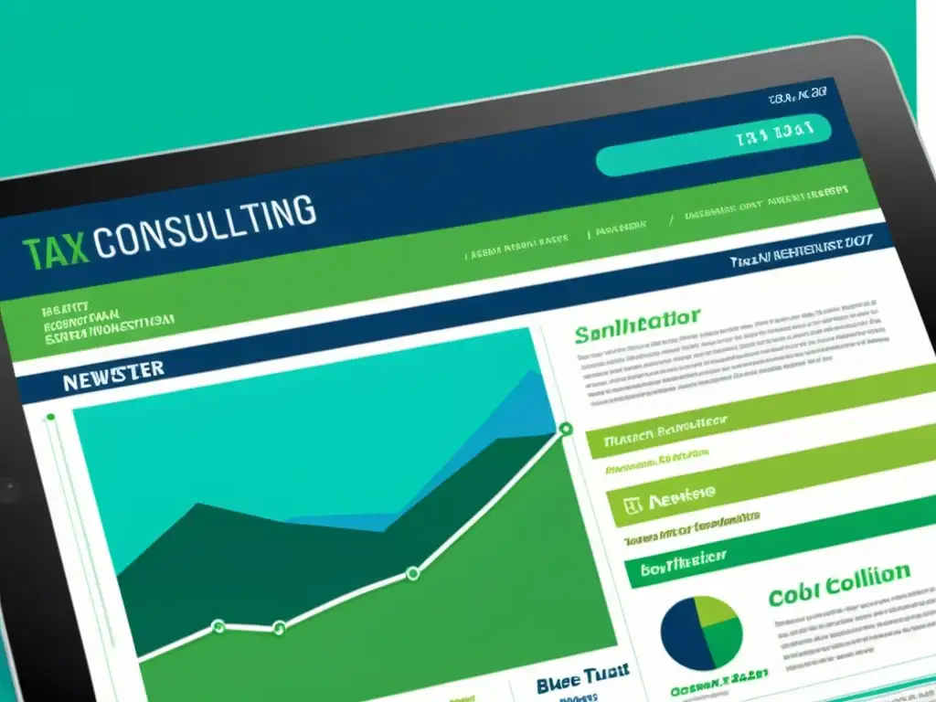 Boletín electrónico de consultoría fiscal: diseño moderno y profesional Boletines electrónicos de consultoría tributaria con diseño moderno y profesional, gráficos y contenido informativo en pantalla de tableta digital