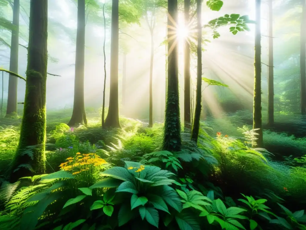 Bosque exuberante: biodiversidad y belleza natural Un bosque exuberante y detallado con luz solar entre el dosel, resaltando la biodiversidad y la belleza natural