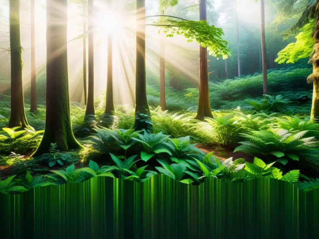 Bosque exuberante: belleza natural y riqueza ecológica Un bosque exuberante y diverso, con luz solar filtrándose entre las hojas y creando patrones moteados en el suelo